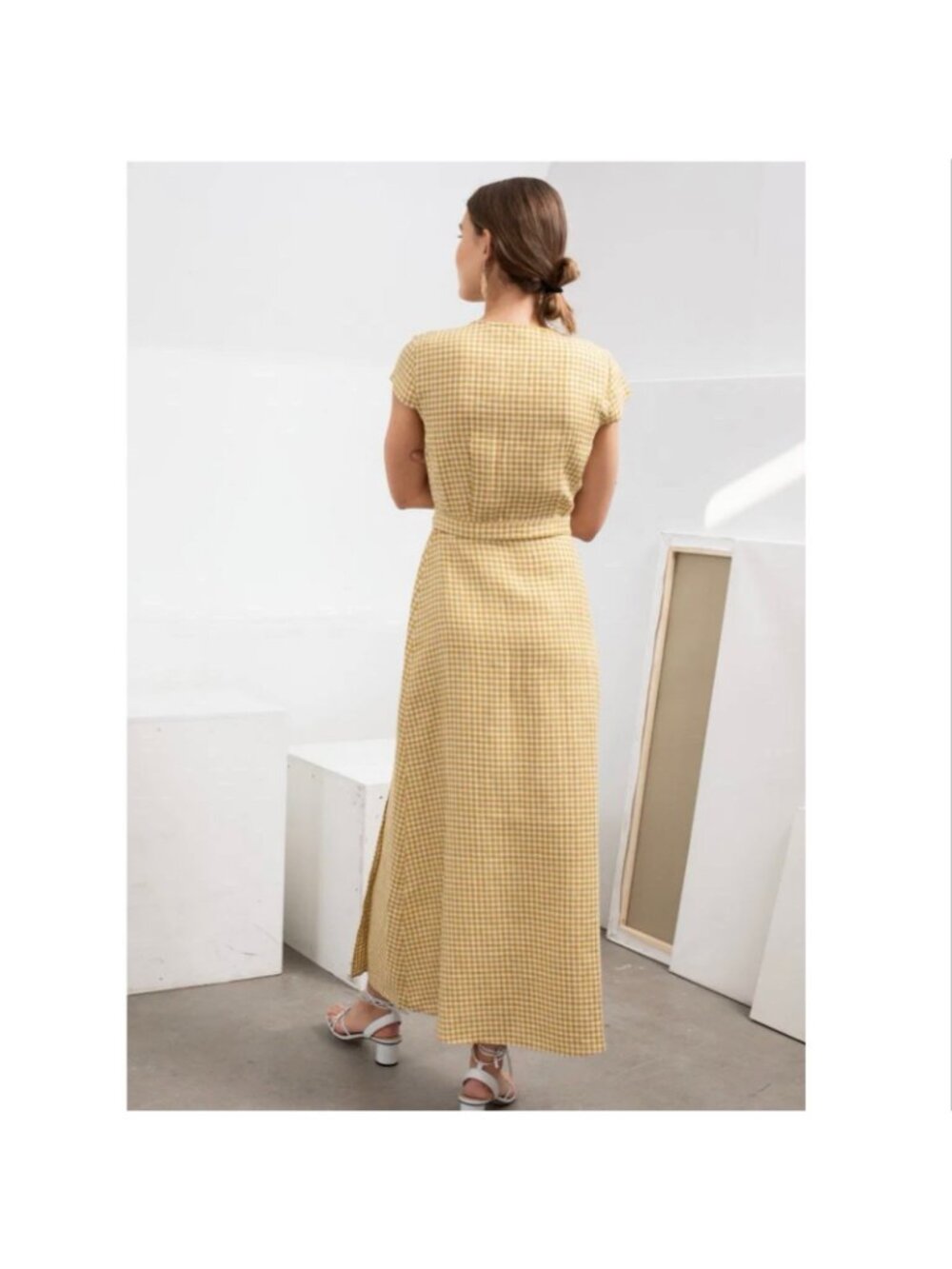 & Other Stories Gingham Check Linen Maxi Midi Wrap Dress Mustard Yellow White - Picture 10 of 10